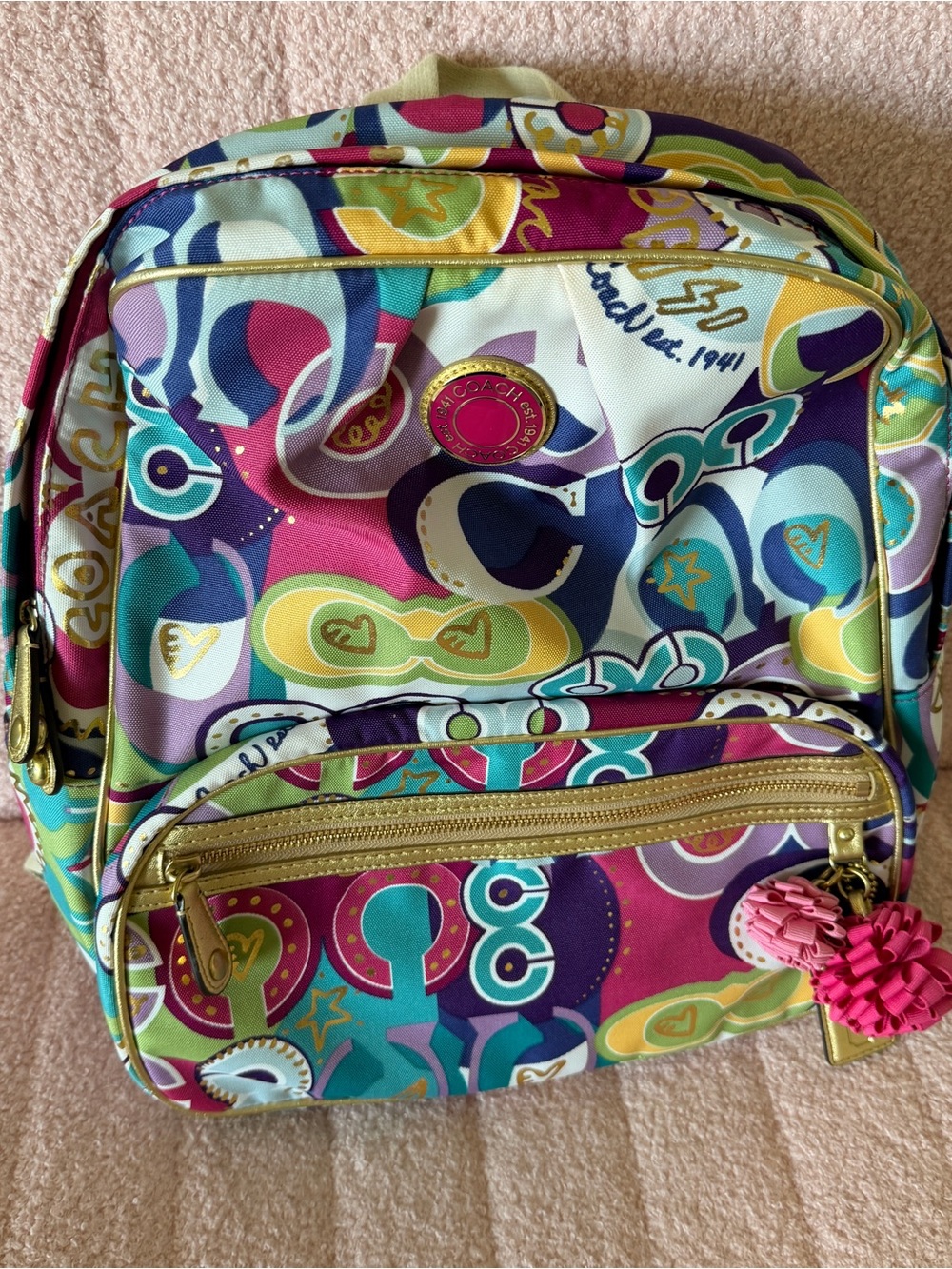 Coach Poppy Multicolor Graphic Print Backpack with Gold Hardware